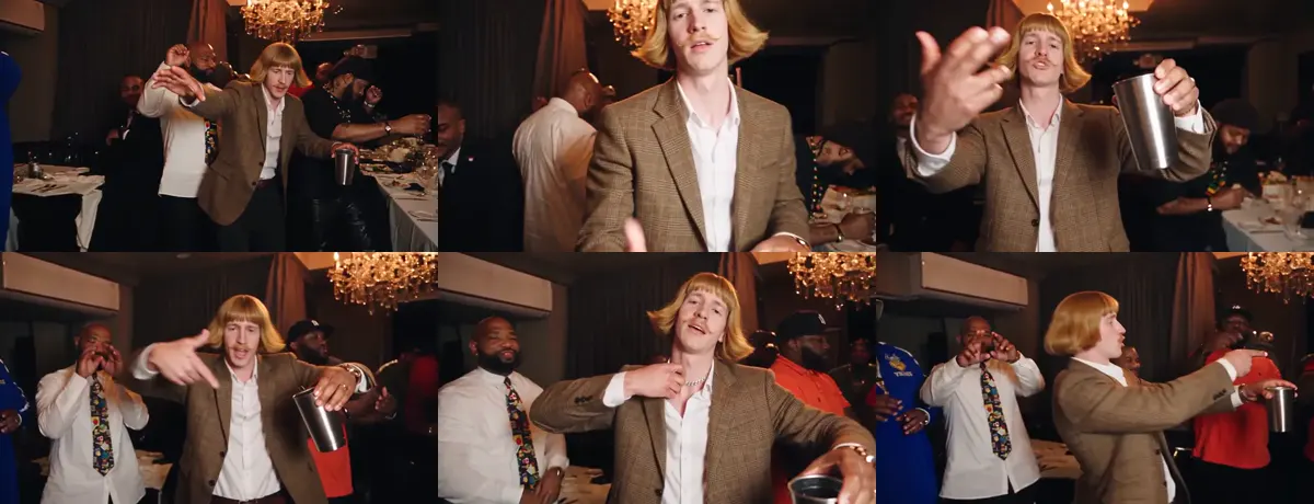 Six moments of the Burning Bridges AI party scene in order