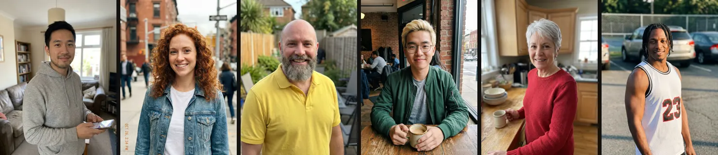 Five single front-facing photos used for the Burning Bridges AI five-friends test