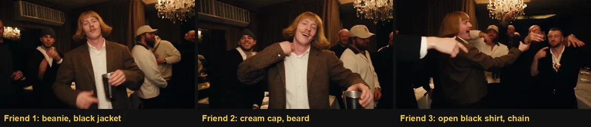 The three crowd members in the Burning Bridges AI party scene that your friends replace: beanie and black jacket, cream cap with beard, open black shirt with chain
