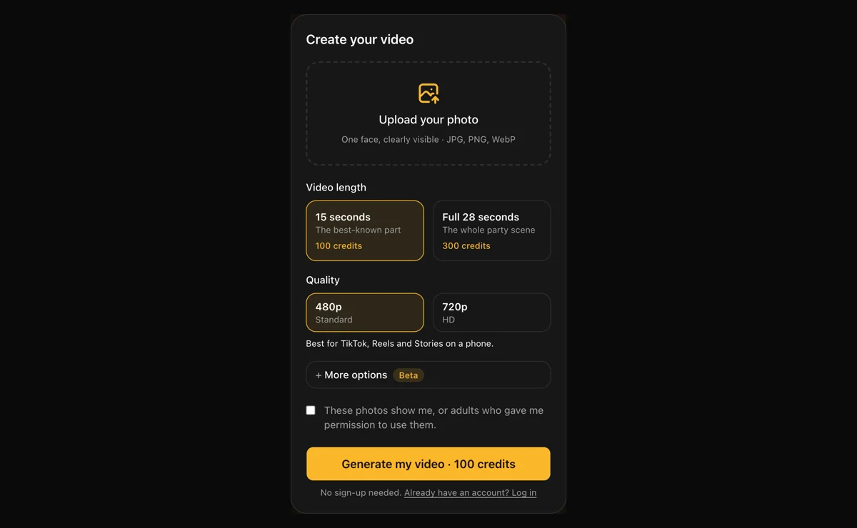 Burning Bridges AI generator: upload one photo, pick 15 or full 28 seconds and 480p or 720p, then generate, with no sign-up needed