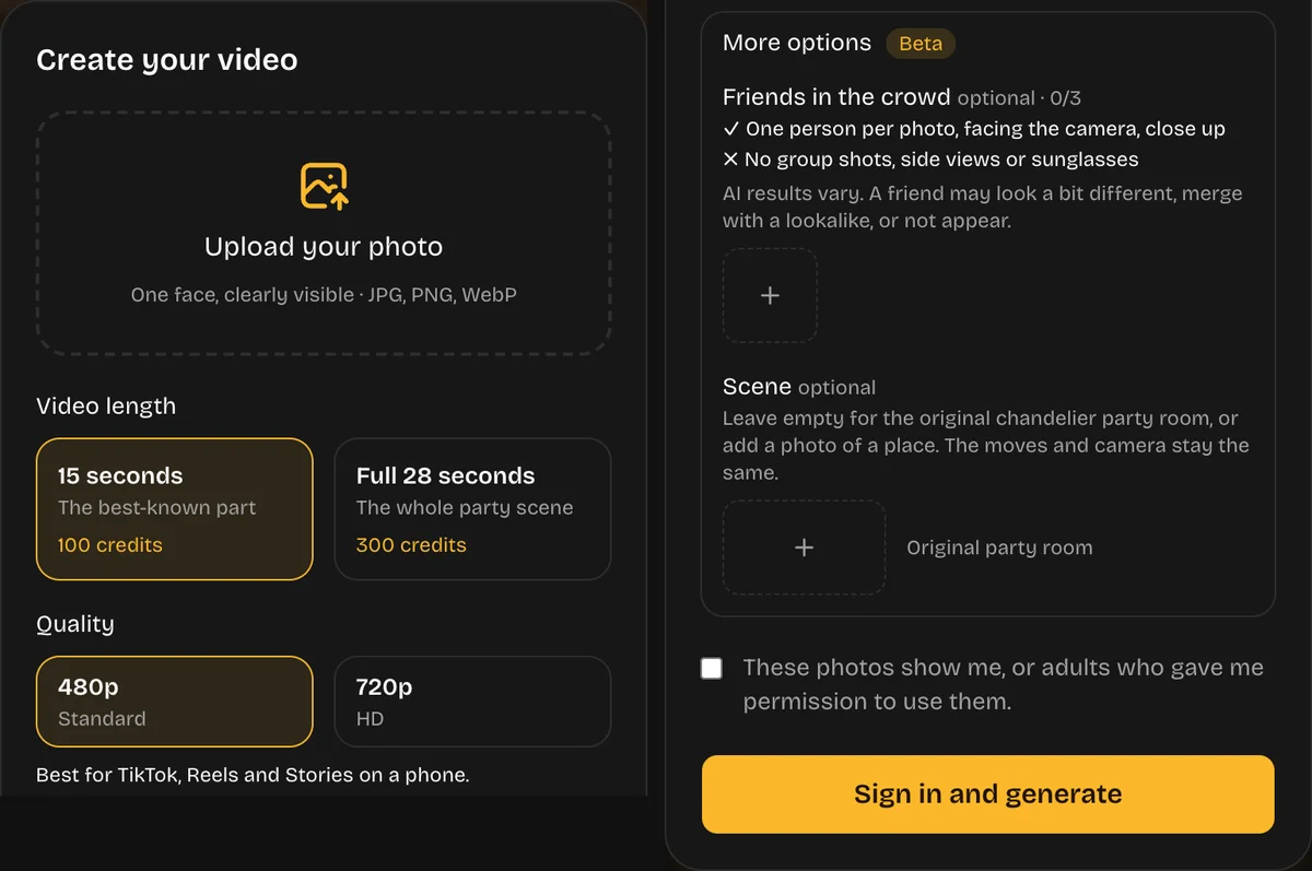 Burning Bridges AI generator: one photo, 15 or full 28 seconds, 480p or 720p, up to 3 friends in the crowd and an optional scene photo