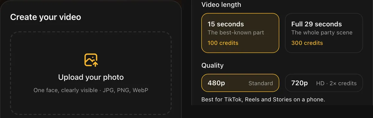Burning Bridges AI video generator panel with photo upload, 15 or 28 second length, 480p or 720p quality and More options
