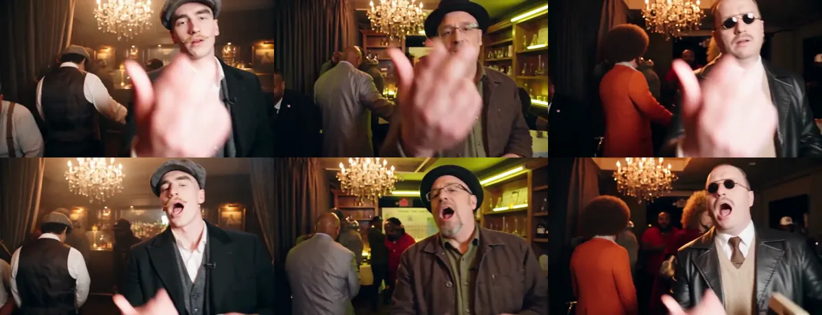 Three Burning Bridges AI videos from three different photos, paused at the same two moments: the same hand toward the camera, then the same open-mouthed line